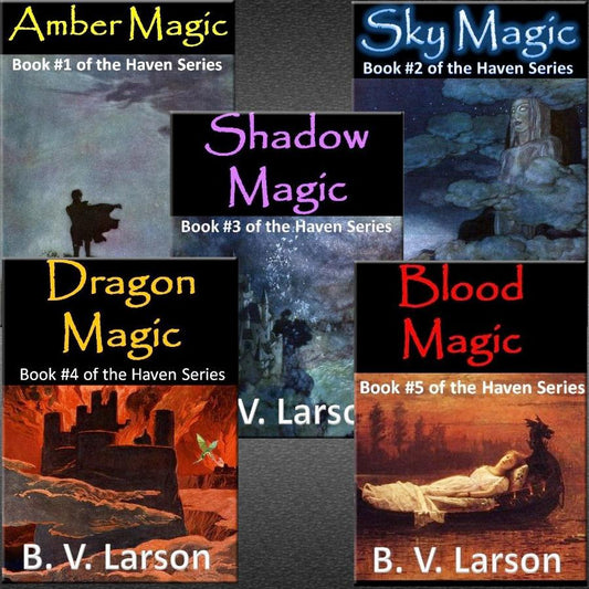 Haven Series(7 books)  Amber Magic, Sky Magic, Shadow Magic, Dragon Magic, Blood Magic, Death Magic, Dream Magic   Written by: B. V. Larson